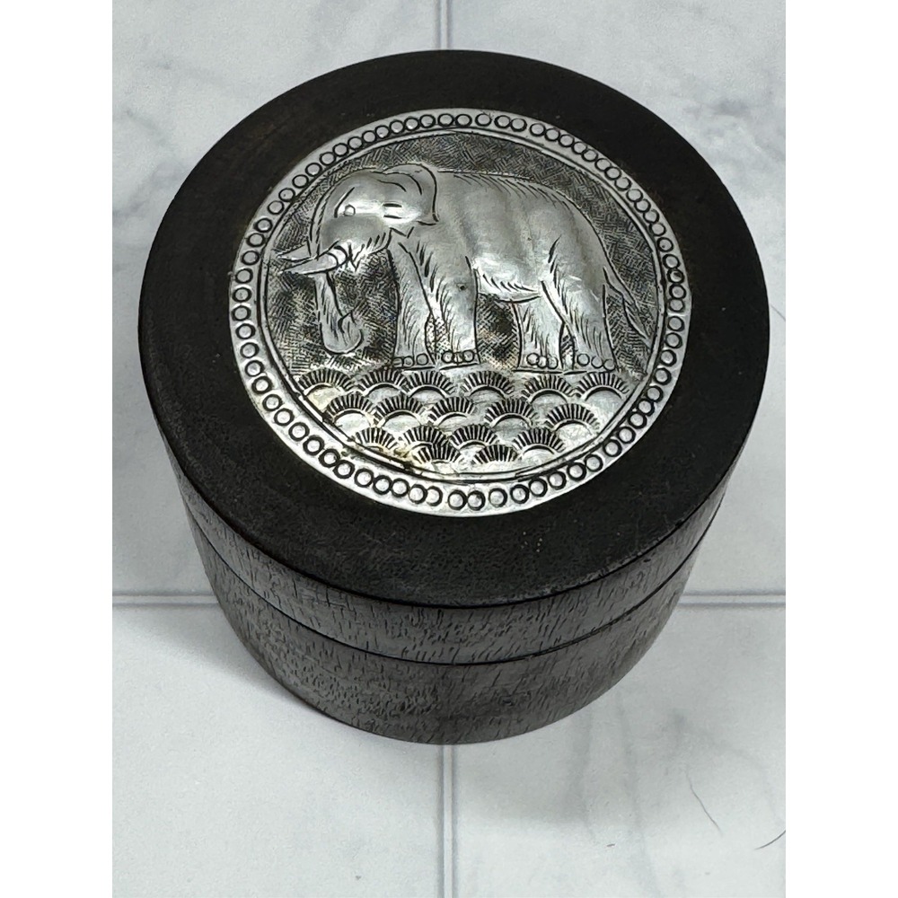 VTG Rich Dark Wooden Trinket Box With‎ Tin Elephant Medallion On Lid 2.5"x2.75"